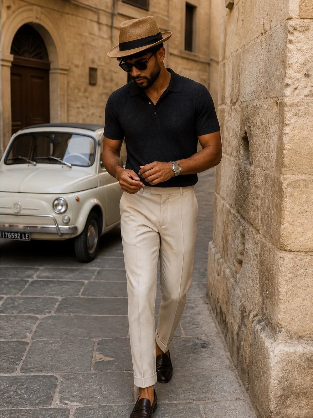 Men's Brown Straw Fedora with Black Band by